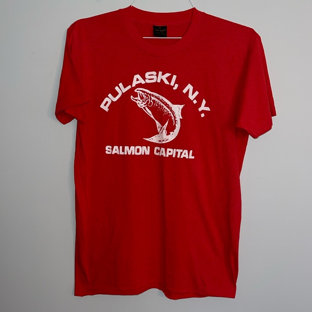 Vintage Single Stitch Red Pulaski NY Salmon Capital Touch of Gold USA Large